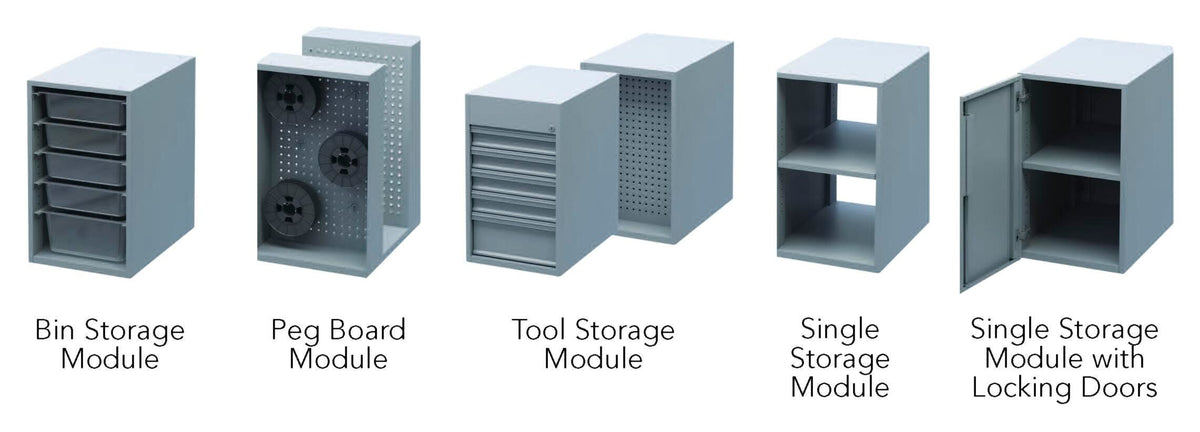 TABLE - HASKELL EDUCATION - ROVER TABLE 3 MODULE - NO POWER - 1 TOOL STORAGE - 4 STOOLS - SPECIFY FRAME COLOR