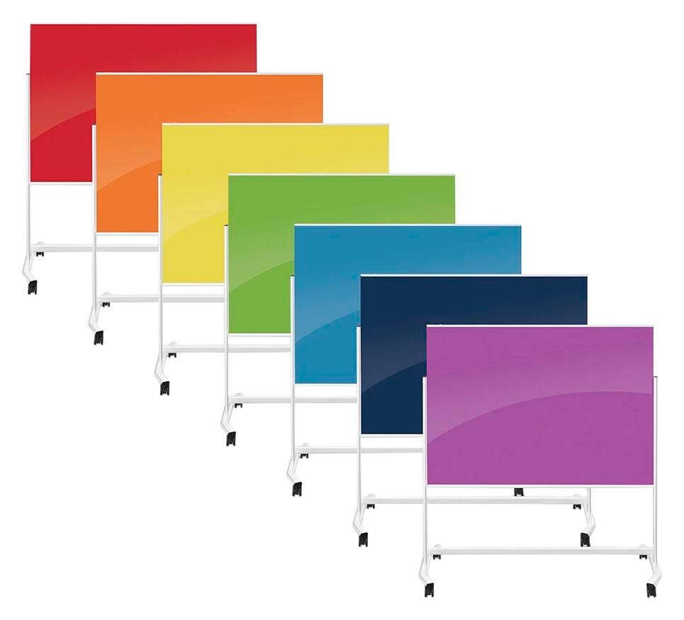 MOBILE MAGNETIC GLASS BOARD - MOORECO - VISIONARY MOVE - PLATINUM FRAME - 4 H X 3 W FT - SPECIFY COLOR