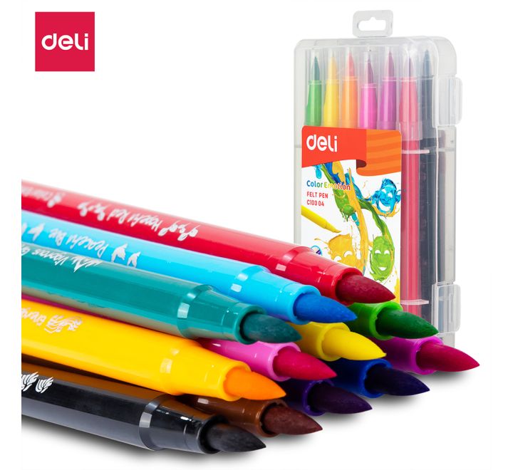 DELI WASHABLE FELT PEN 12 COLOR BRUSH TIP (SKETCH PEN PVC BOX)