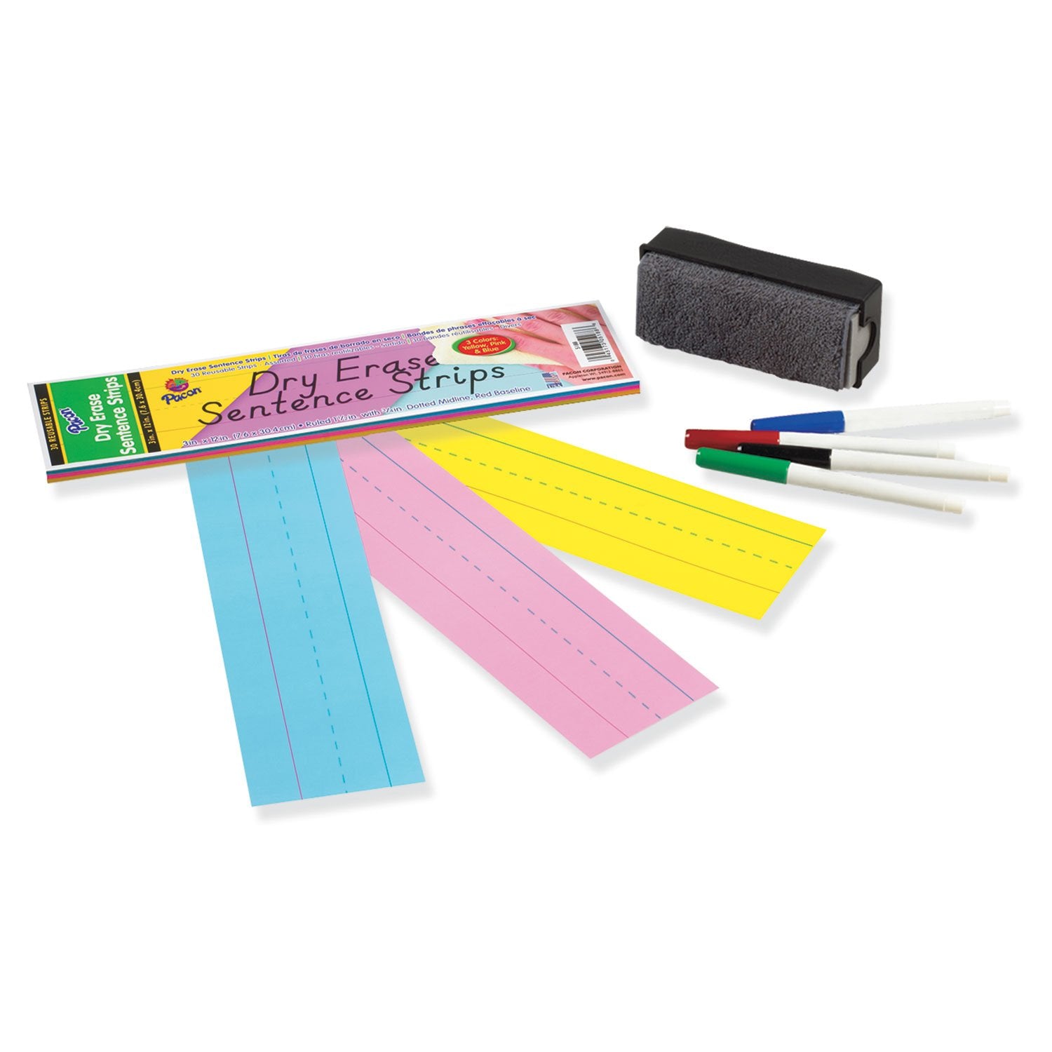PAC SENTENCE STRIP DRY ERASE ASSORTED 76 X 600MM 30PCS -Min Qty 1