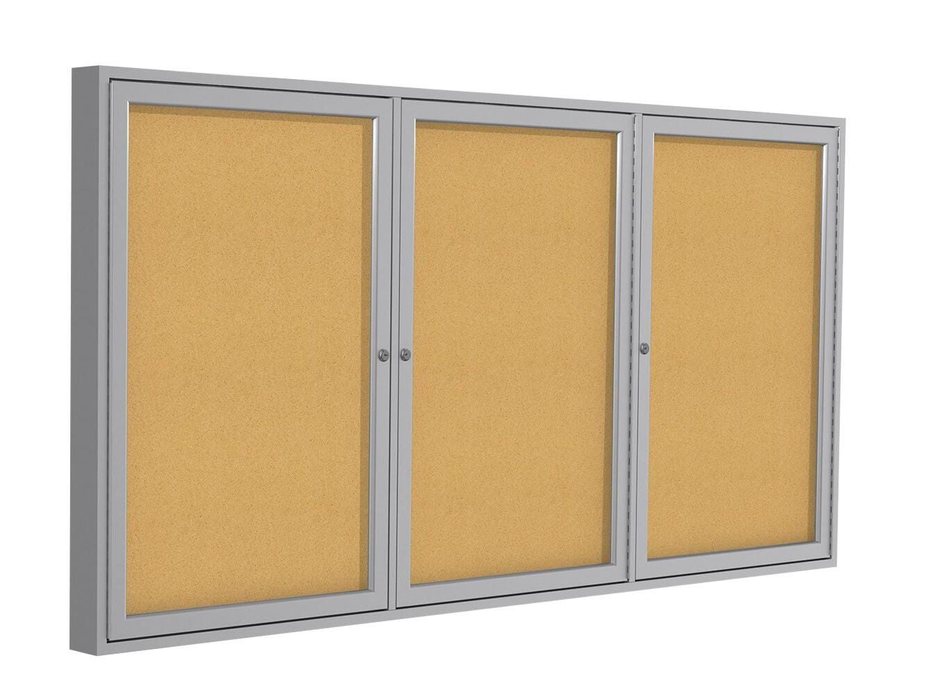 ENLCOSED MESSAGE BOARD - GHENT - ENCLOSED NATURAL CORK BULLETIN BOARD - 3 DOOR - SATIN ALUMINUM FRAME - 3 H X 6 W FT