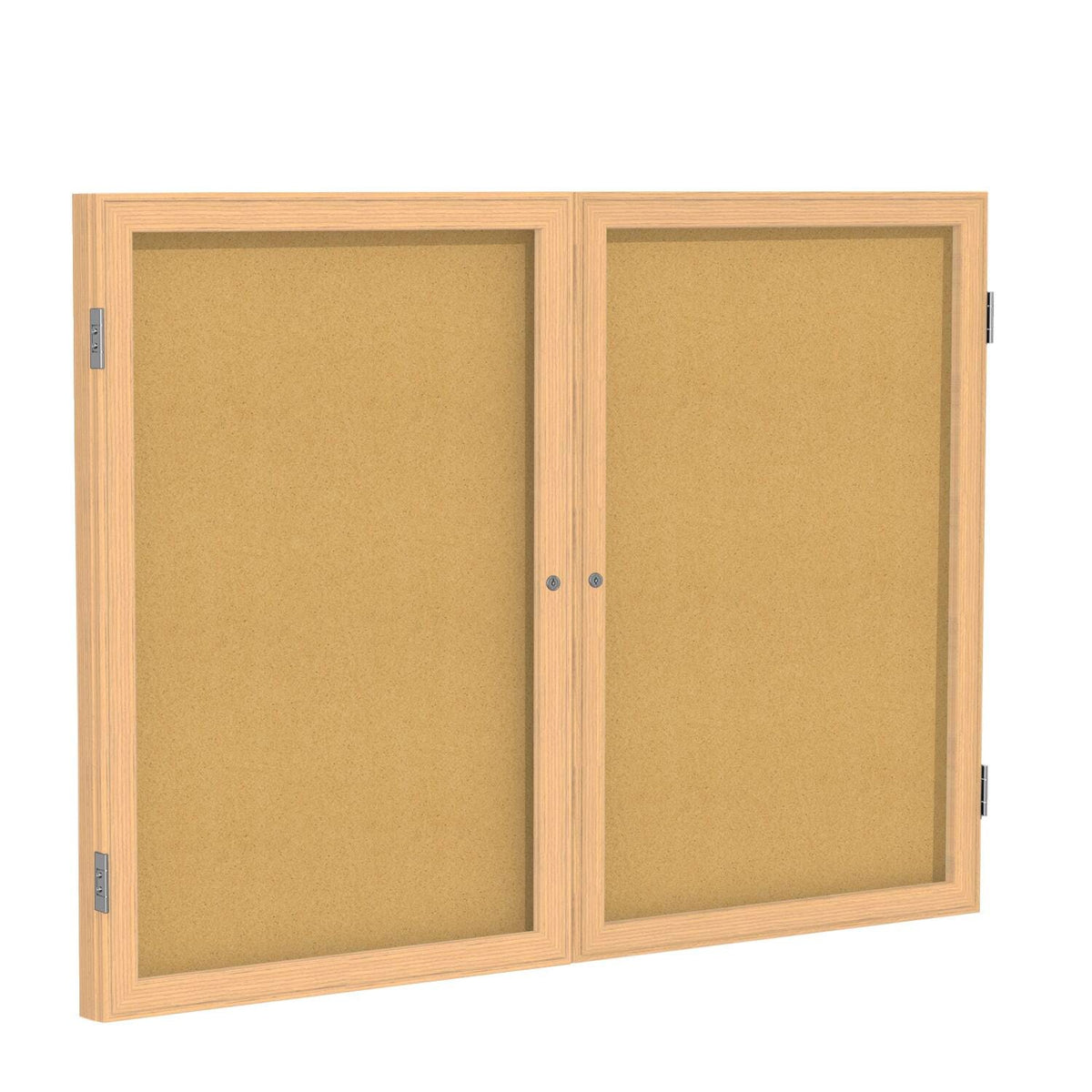 ENCLOSED MESSAGE BOARD - GHENT - NATURAL CORK BULLETIN BOARD - 2 DOOR - OAK WOOD FRAME - 4 H X 5 W FT