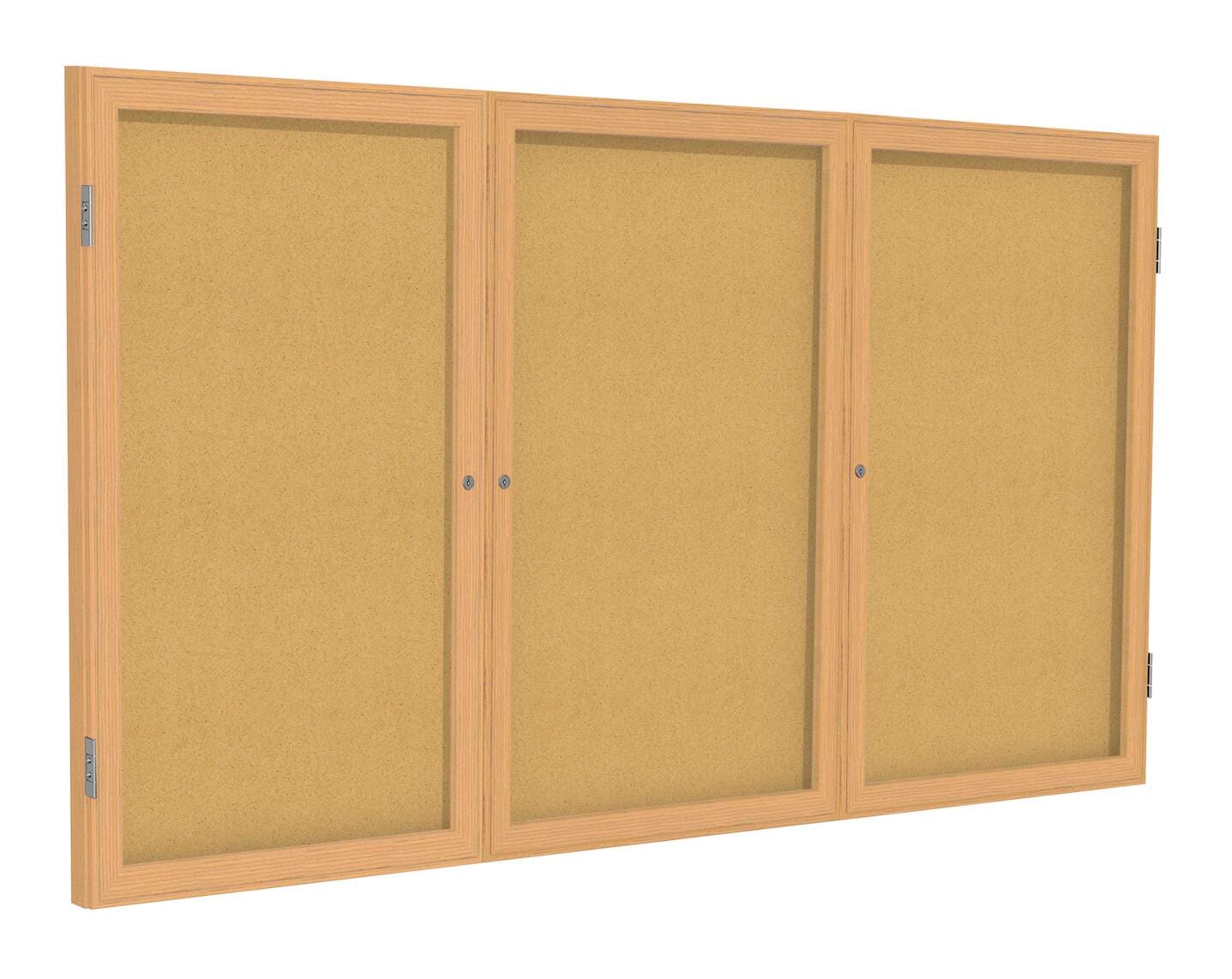 ENCLOSED MESSAGE BOARD - GHENT - NATURAL CORK BULLETIN BOARD - 3 DOOR - OAK WOOD FRAME - 4 H X 6 W FT