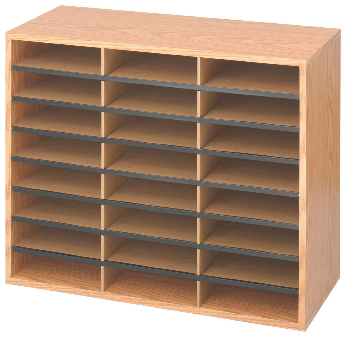 STORAGE ORGANIZER SAFCO WOOD/CORRUGATED LIT ORG 24 COMP MED OAK 29WX12DX23.5H