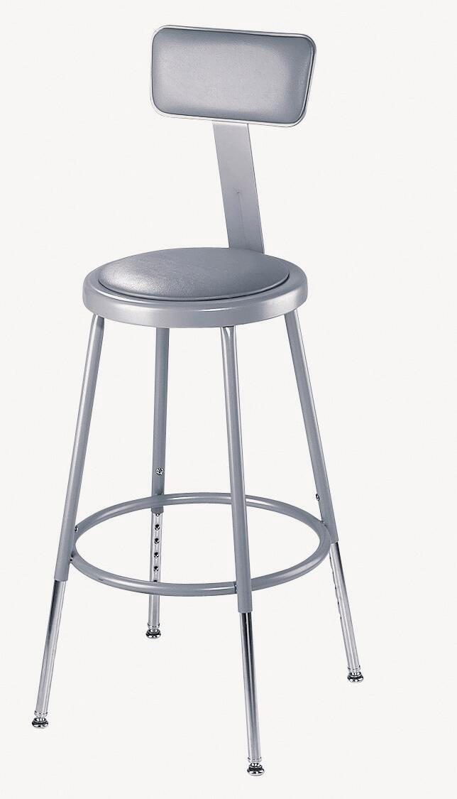 STOOL - NATIONAL PUBLIC SEATING HEAVY DUTY STEEL STOOL - VINYL PADDED INSET - BACKREST - 19-27 IN ADJ HEIGHT - GRAY
