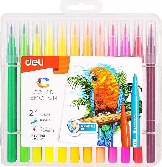DELI WASHABLE FELT PEN 24 COLOR BRUSH TIP (1.0 MM -8.0MM)