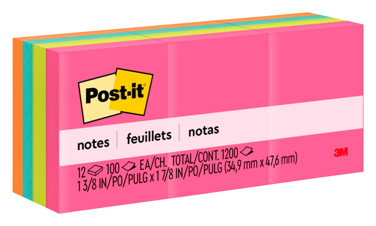 PAD NOTES POST-IT 1.375X1.875 ASST NEON MMM653AN PACK OF 12