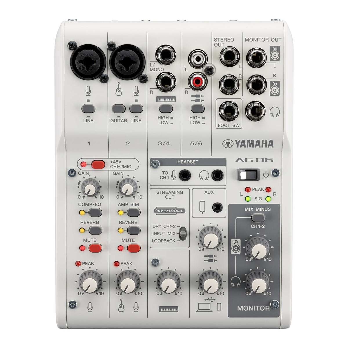 Yamaha AG06MK2 live streaming 6 channel analogue mixer - White