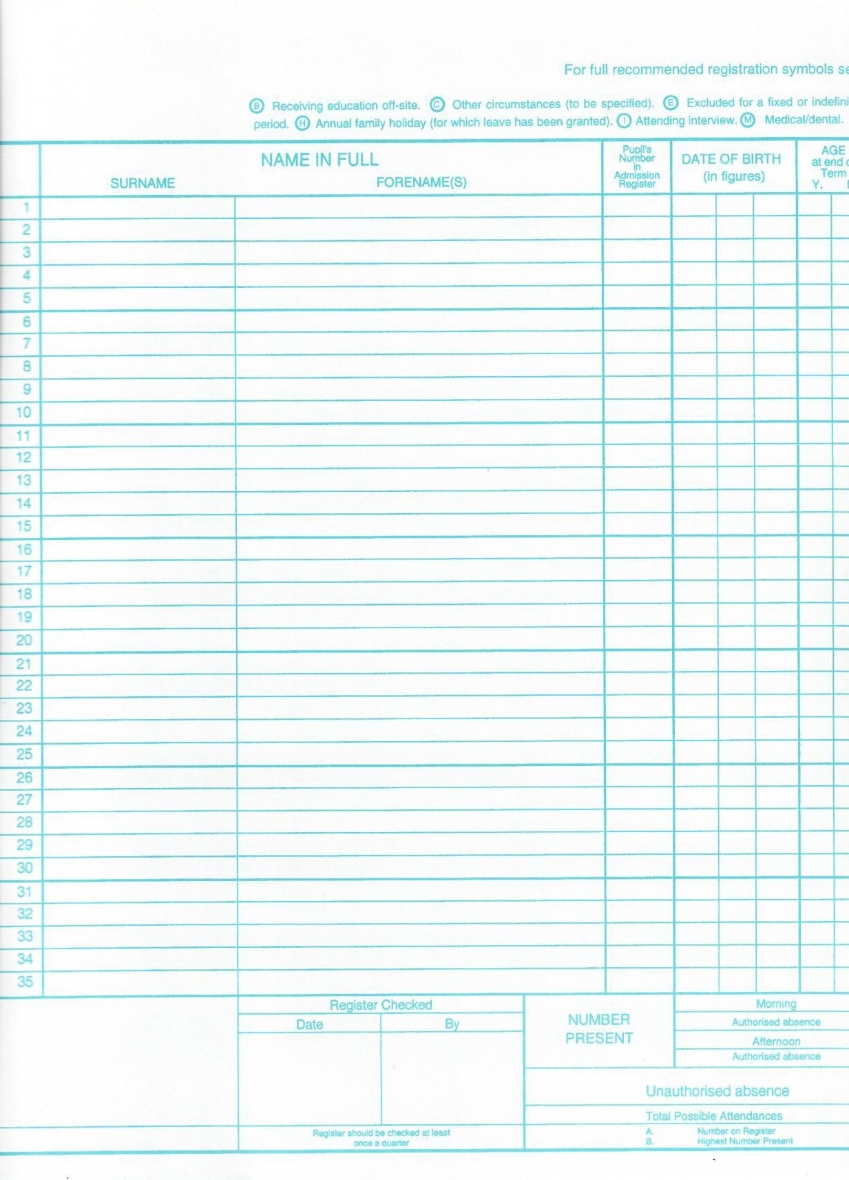 Philip & Tacey School Attendance Register 35 Names Pack of 10
