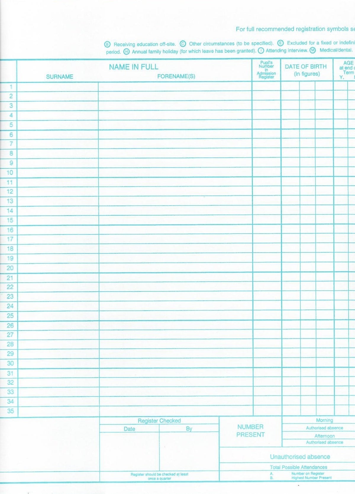 Philip & Tacey School Attendance Register 35 Names Pack of 10