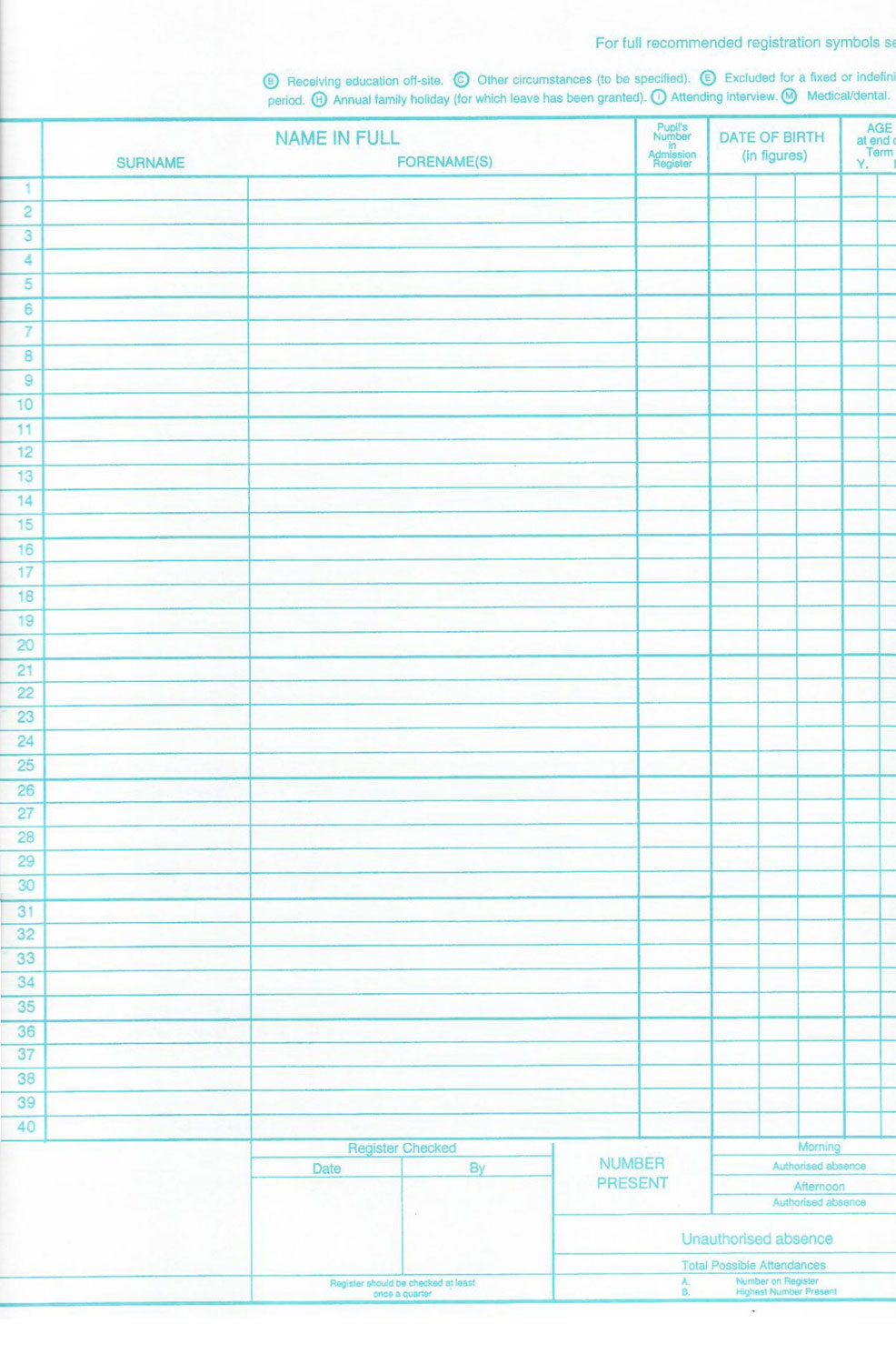 Philip & Tacey School Attendance Register 40 Names Pack of 10