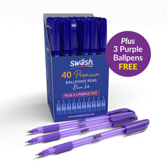 Swash Pack of 40 Premium Triangular Ballpoint Pens with rubber-grip, Blue plus 3 FREE Purple
