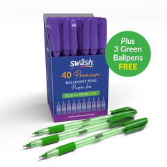 Swash Pack of 40 Premium Triangular Ballpoint Pens with rubber-grip, Purple plus 3 FREE Green