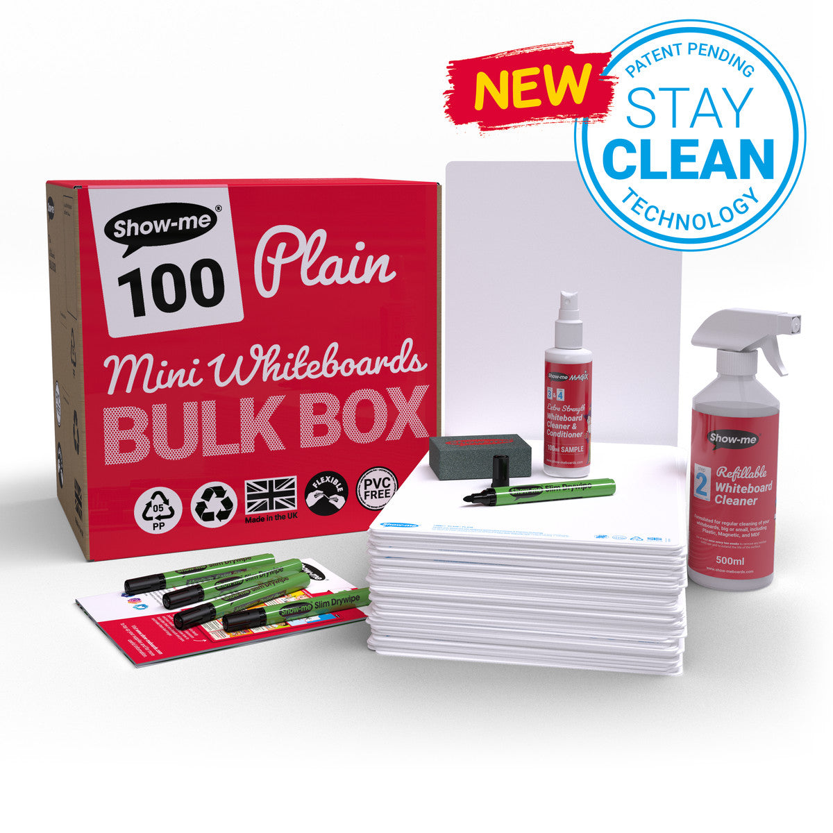 Show-me Bulk Box of 100 x A4 Plain/Plain Whiteboards, pens and erasers plus 2 free cleaners.