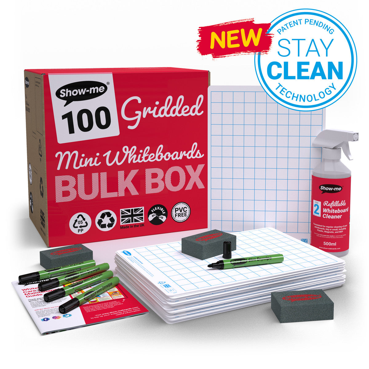 Show-me Bulk Box of 100 x A4 Gridded/Plain Whiteboards, pens and erasers plus 2 free cleaners.