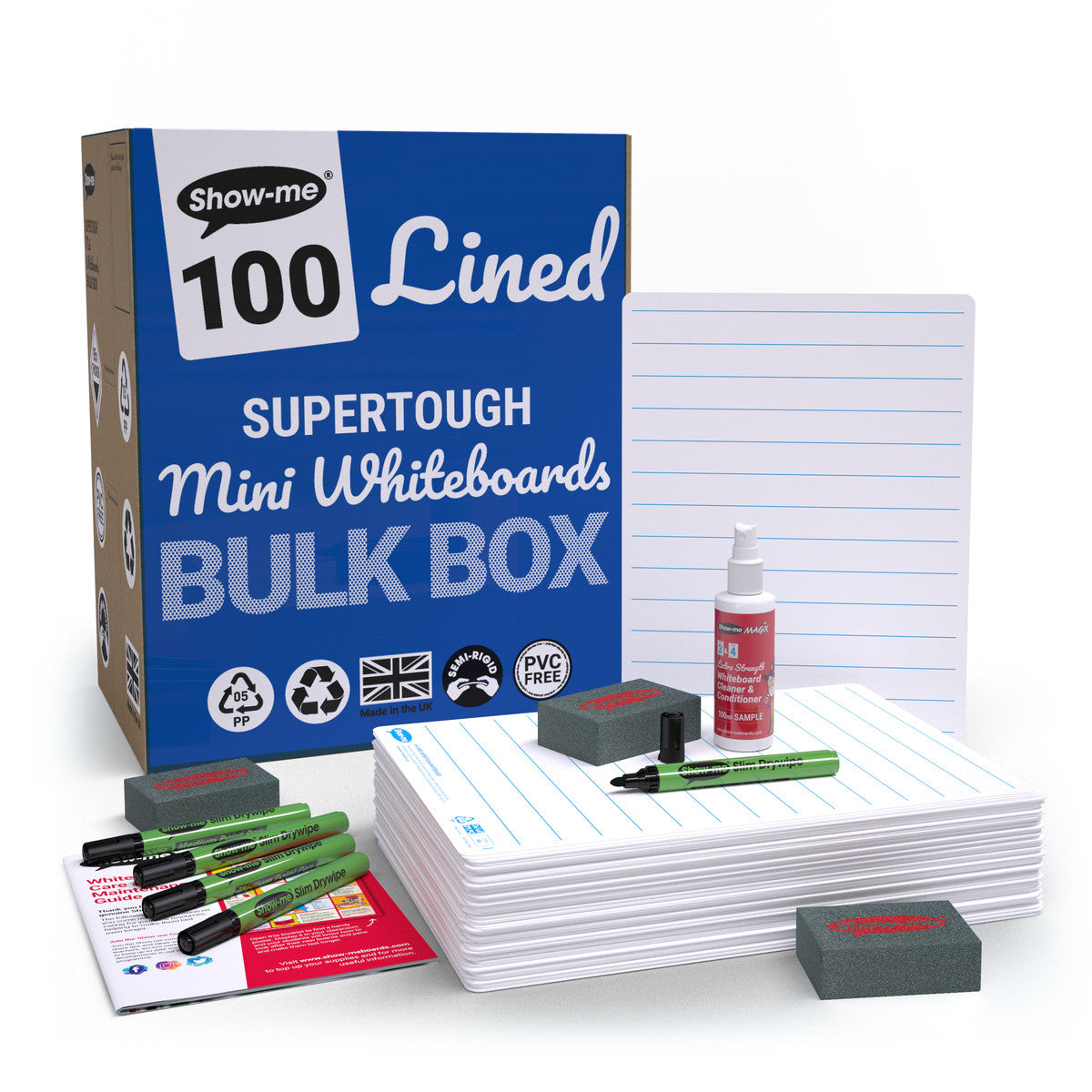 Show-me Bulk Box of 100 x A4 Lined/Plain SUPERTOUGH Whiteboards, with pens and erasers plus 1 free cleaner.