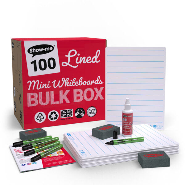 Show-me Bulk Box of 100 x A4 Lined/Plain Whiteboards, pens and erasers plus 2 free cleaners.