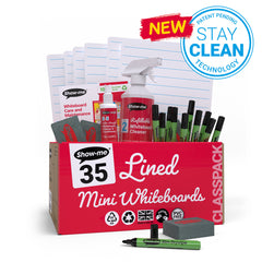 Show-me Classpack of 35 x A4 Lined/Plain Whiteboards, with pens and erasers plus 2 free cleaners