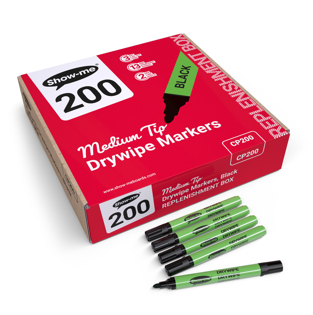Show-me Box of 200 Medium Tip Slim Barrel Drywipe Markers in Black