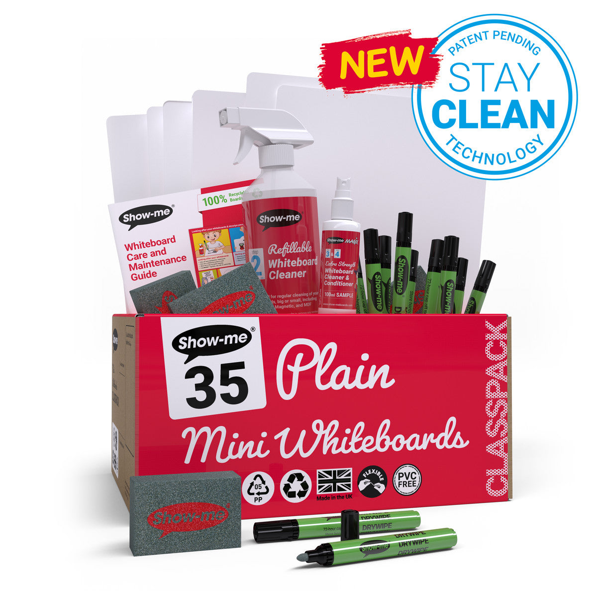 Show-me Classpack of 35 x A4 Plain/Plain Whiteboards, with pens and erasers plus 2 free cleaners.