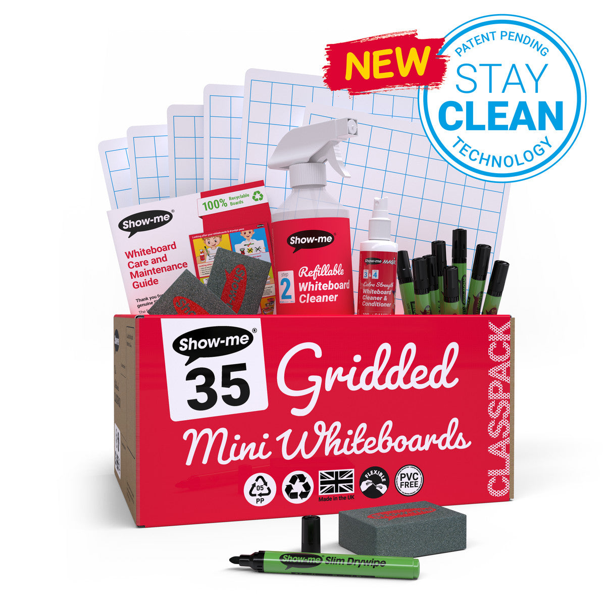 Show-me Classpack of 35 x A4 Gridded/Plain Whiteboards, with pens and erasers plus 2 free cleaners.