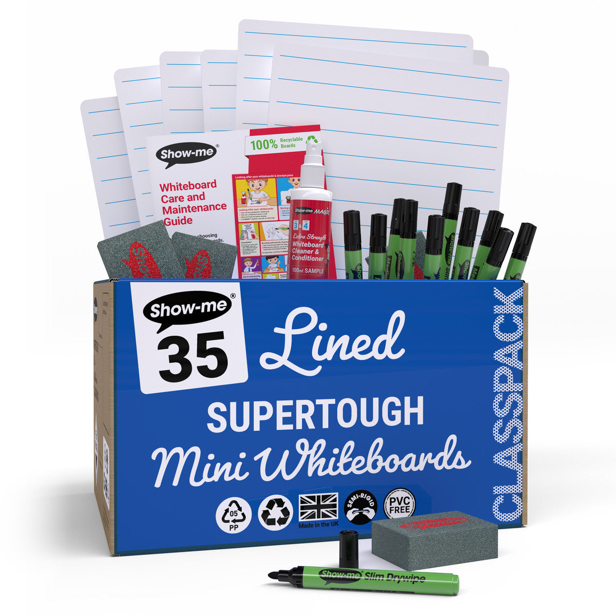 Show-me Classpack of 35 x A4 Lined/Plain SUPERTOUGH Whiteboards, with pens and erasers plus 1 free cleaner.