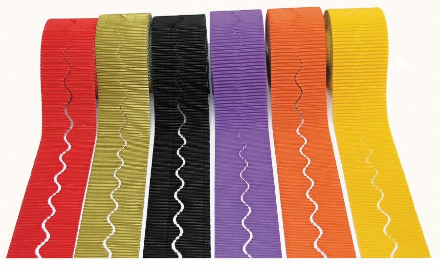 SCO CORRUGATED DECORATIVE BORDER ROLL 57MMX15M WARM ASSORTED 6PCS -Min Qty 1