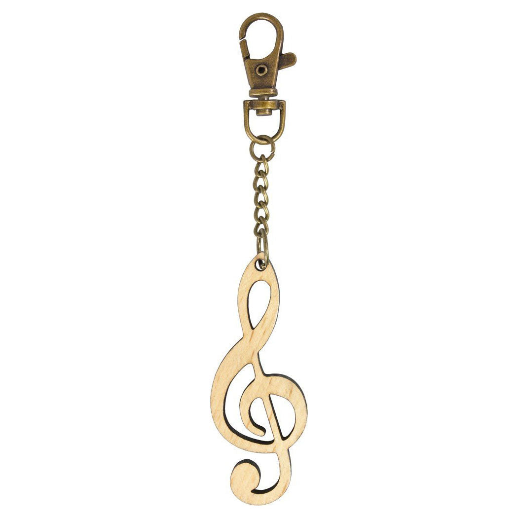 Wooden treble clef keyring with bronze keychain and clip