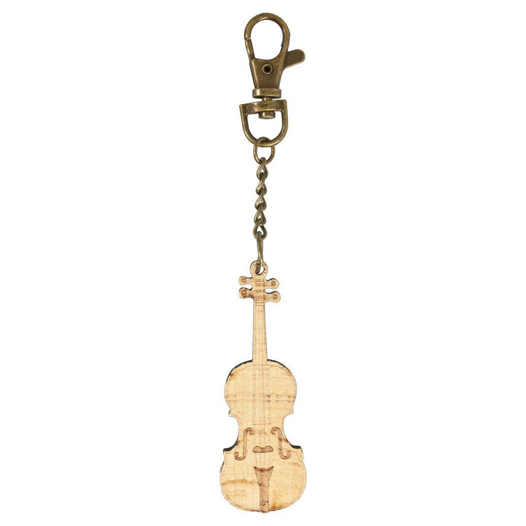 Wooden violin keyring with bronze keychain and clip