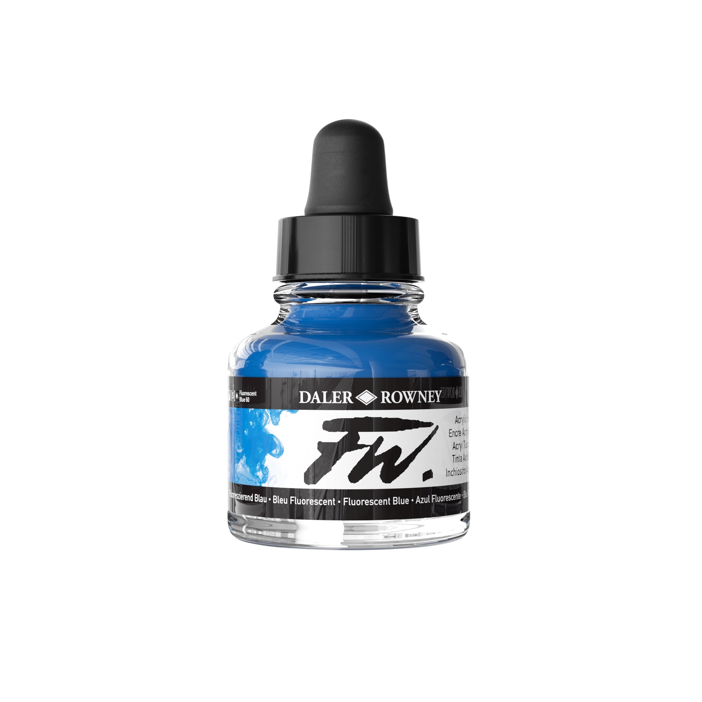 Daler Rowney fluorescent blue acrylic ink in 29.5ml bottle, ideal for art and craft painting projects.