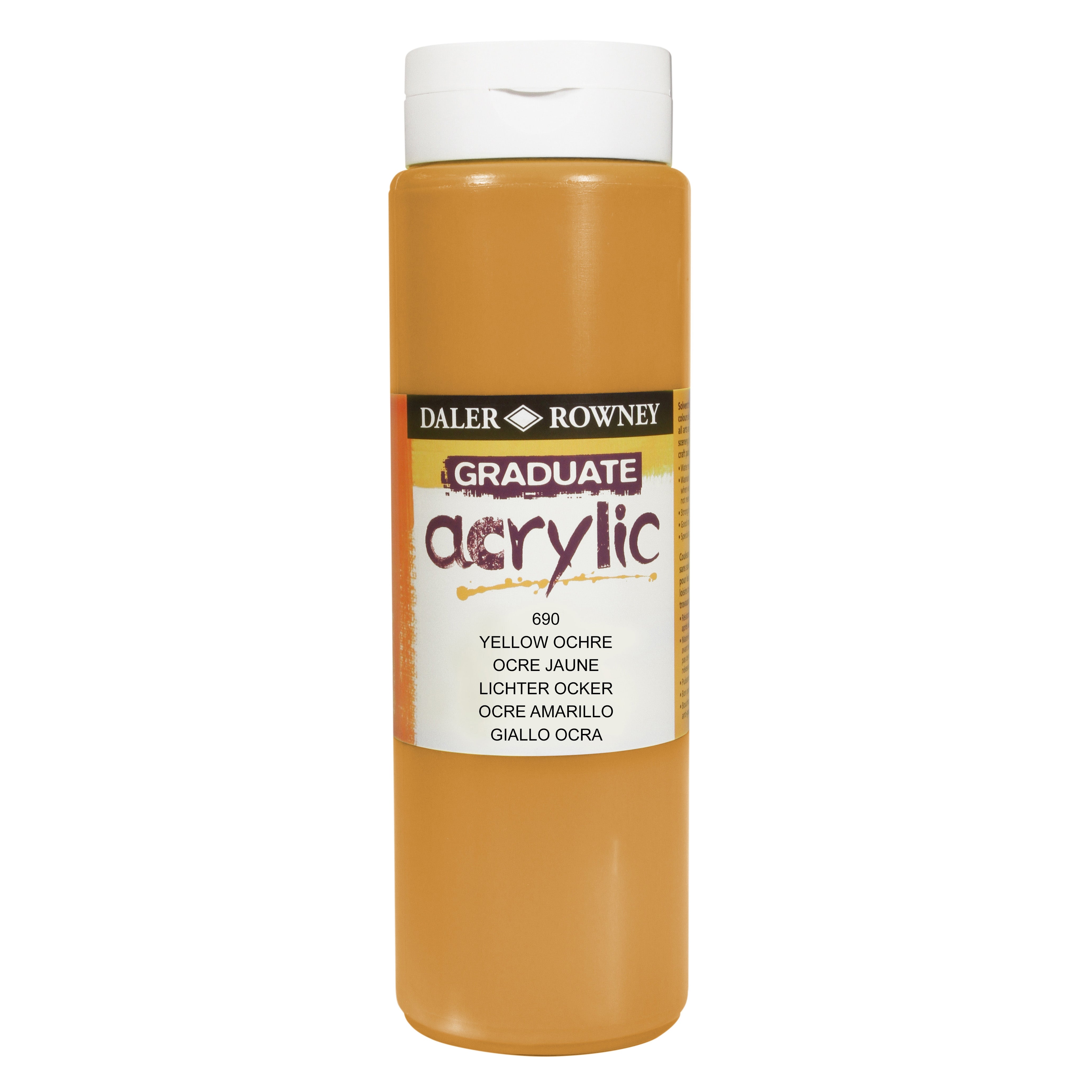 Daler Rowney Graduate Acrylic Yellow Ochre paint in 500ml bottle, ideal for art and craft painting projects.