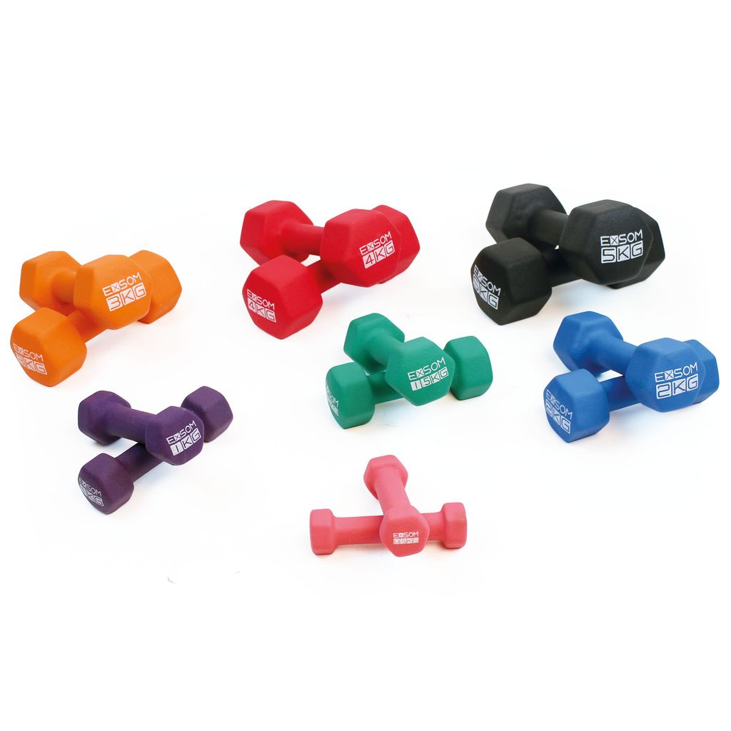 EXSOM NEOPRENE DUMBBELLS SET OF 0.5, 1, 1.5, 2, 3, 4, AND 5KG, PAIRS