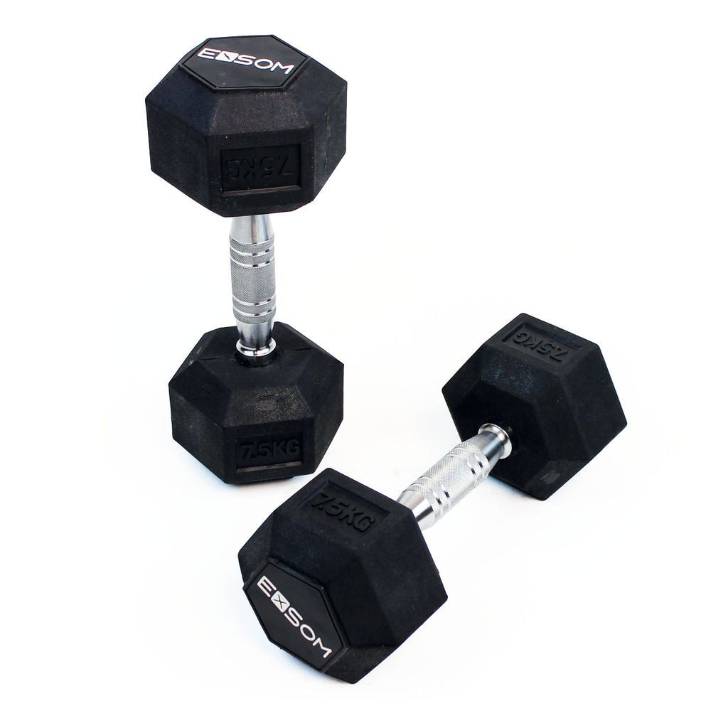 EXSOM RUBBER HEX DUMBBELLS 7.5KG, PAIR