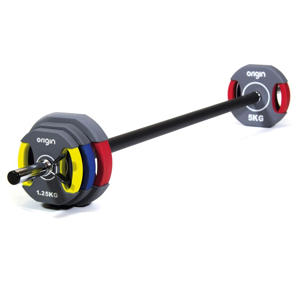ORIGIN RUBBER BARBELL SET C/W BAR & COLLARS URETHENE