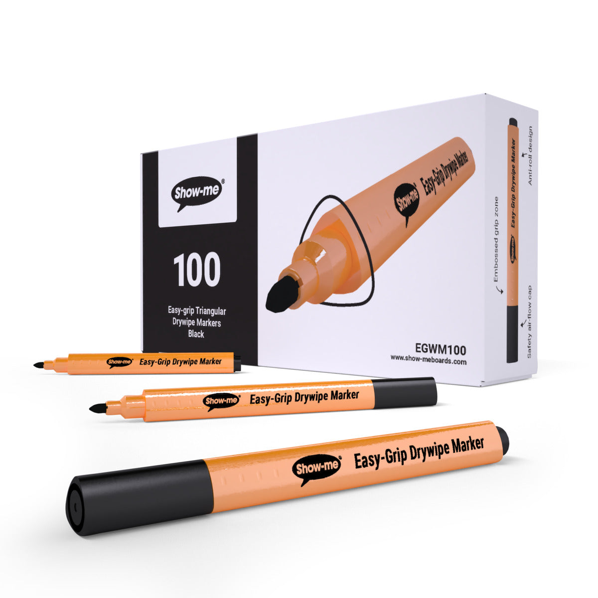 Show-me Box of 100 Triangular Whiteboard Pens in Black