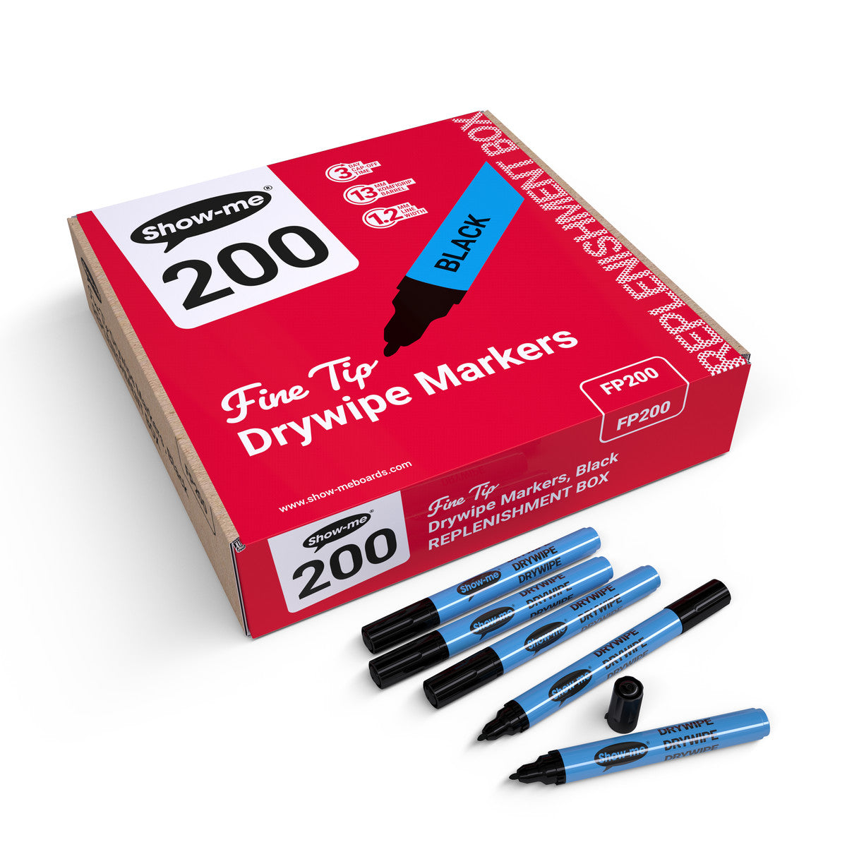Show-me Box of 200 Fine Point Slim Barrel Drywipe Pens in Black