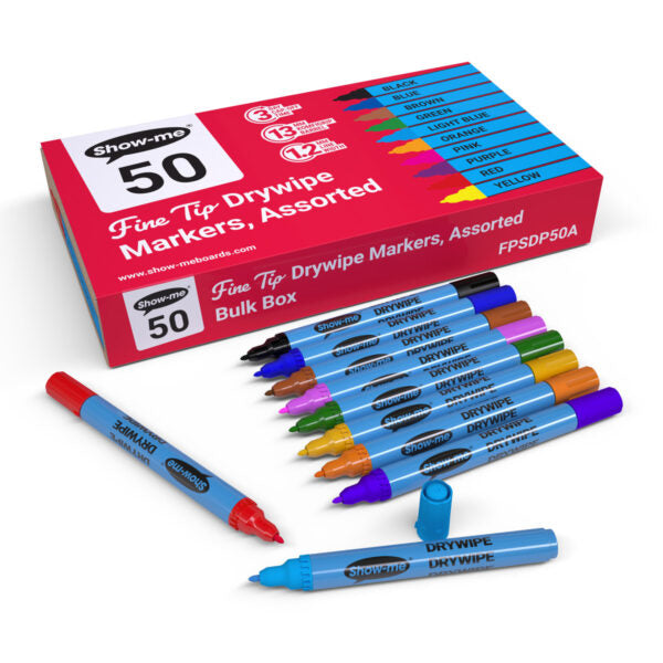 Show-me Box 50 Fine Tip Slim Barrel Drywipe Markers - Assorted Colours