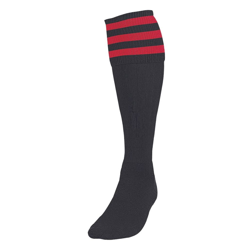 PRECISION 3 STRIPE FOOTBALL SOCKS BLACK/RED, JUNIOR SIZE 12-02