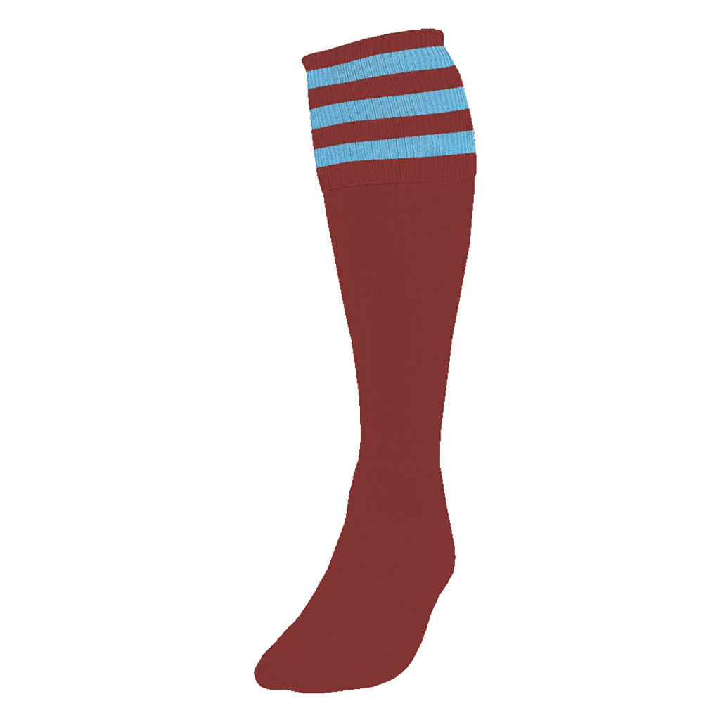 PRECISION 3 STRIPE FOOTBALL SOCKS MAROON/SKY, SENIOR SIZE 03-06