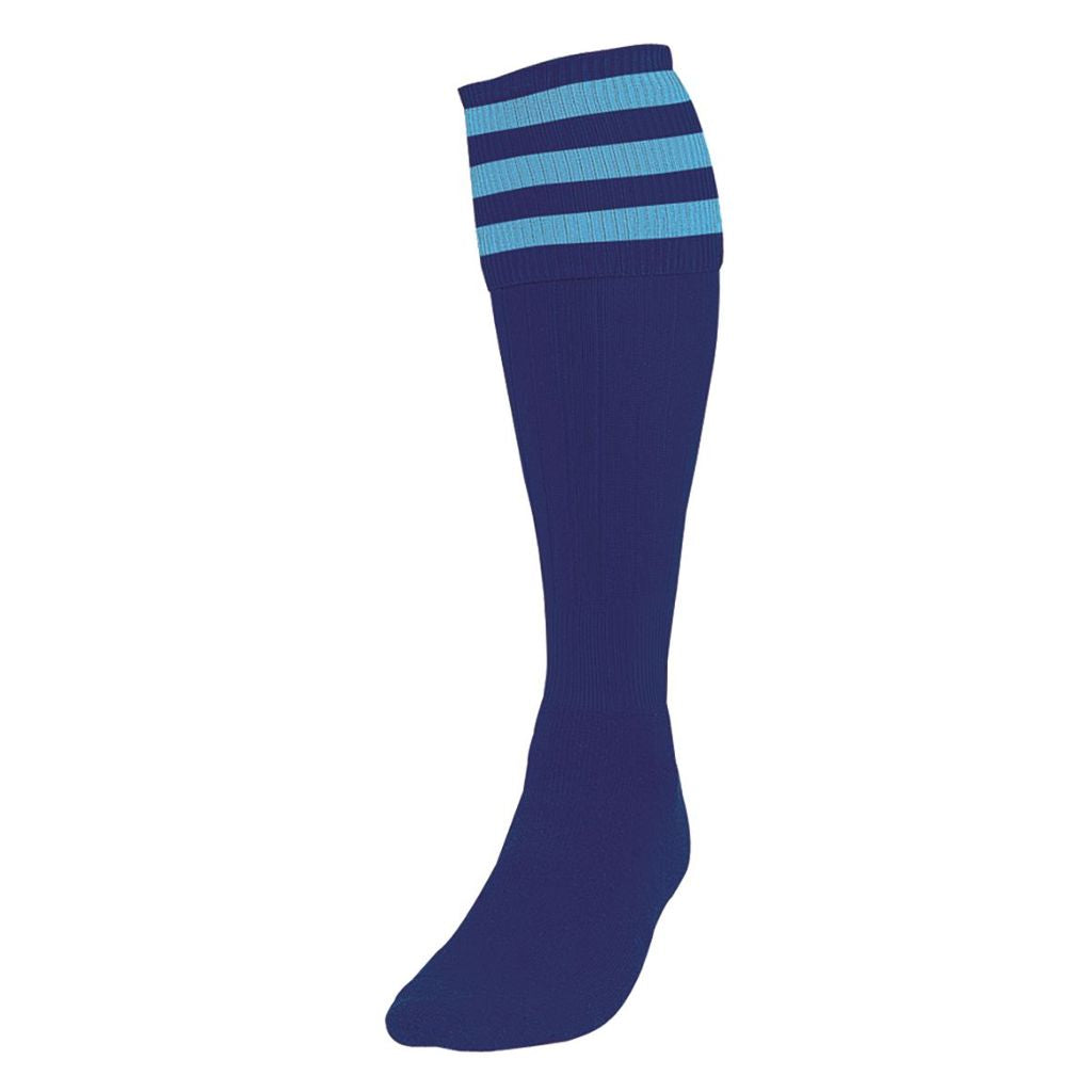 PRECISION 3 STRIPE FOOTBALL SOCKS NAVY BLUE/SKY, JUNIOR SIZE 12-02
