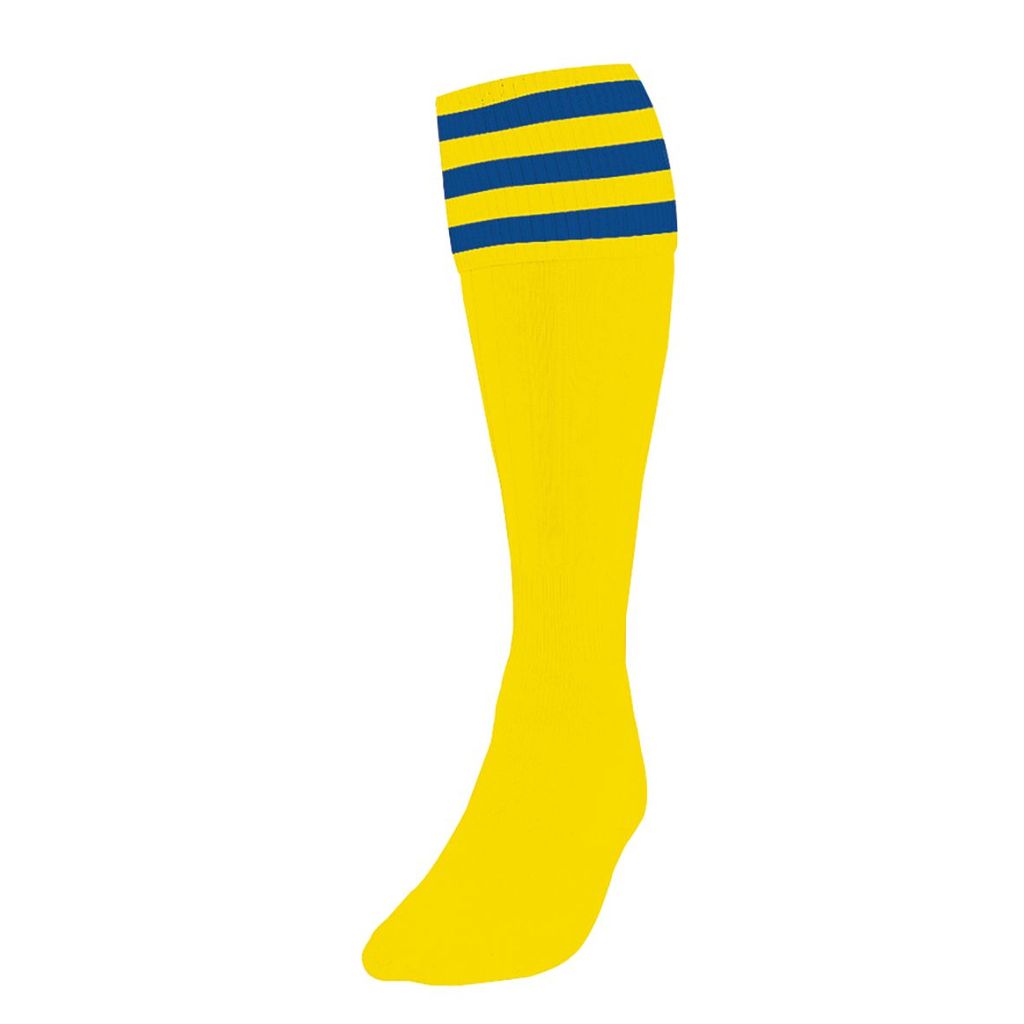 PRECISION 3 STRIPE FOOTBALL SOCKS YELLOW/ROYAL BLUE, JUNIOR SIZE 12-02