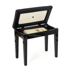 Musisca fixed height piano stool with storage – Black gloss, black faux leather seat
