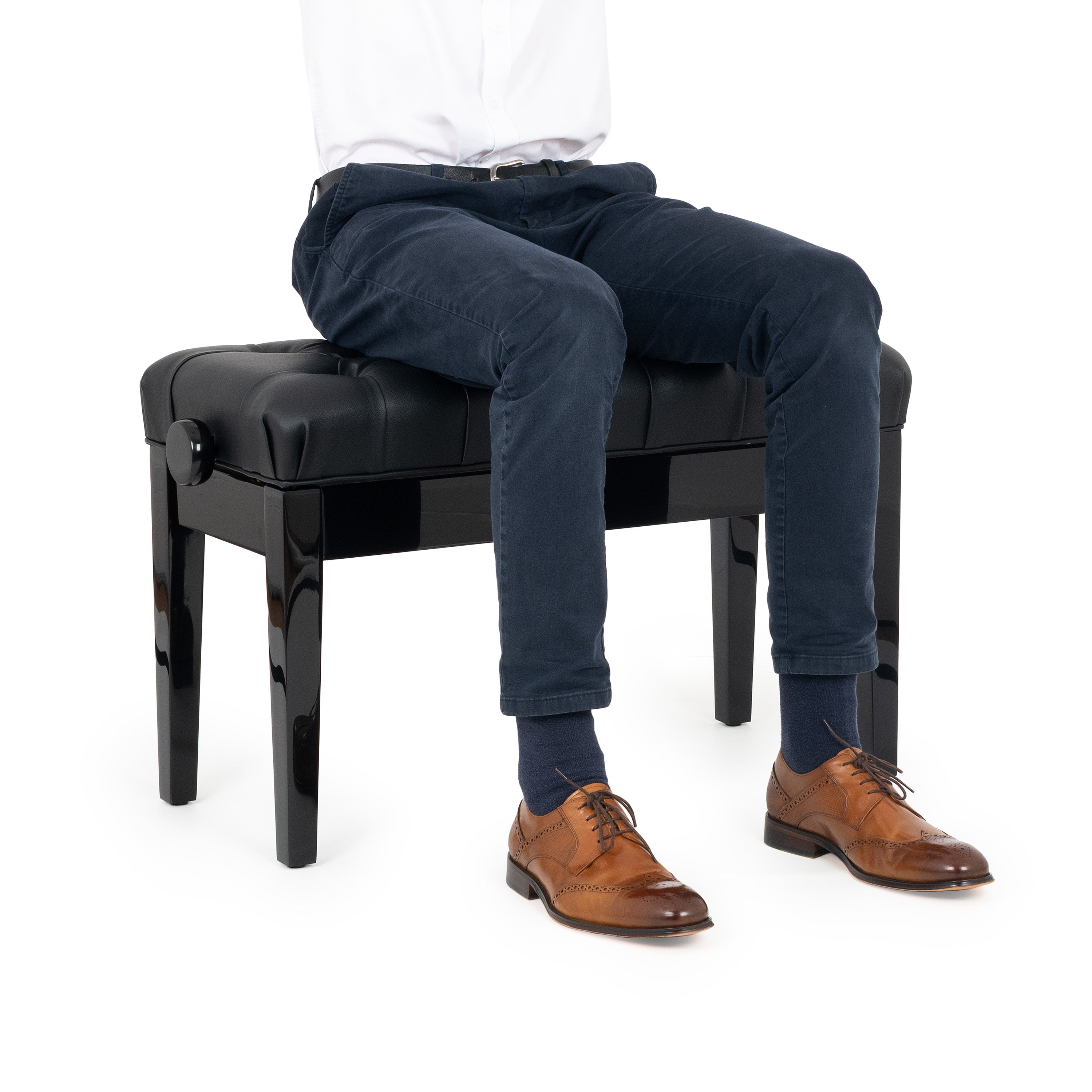 Musisca wide top single concert piano stool - Black gloss, black faux leather seat