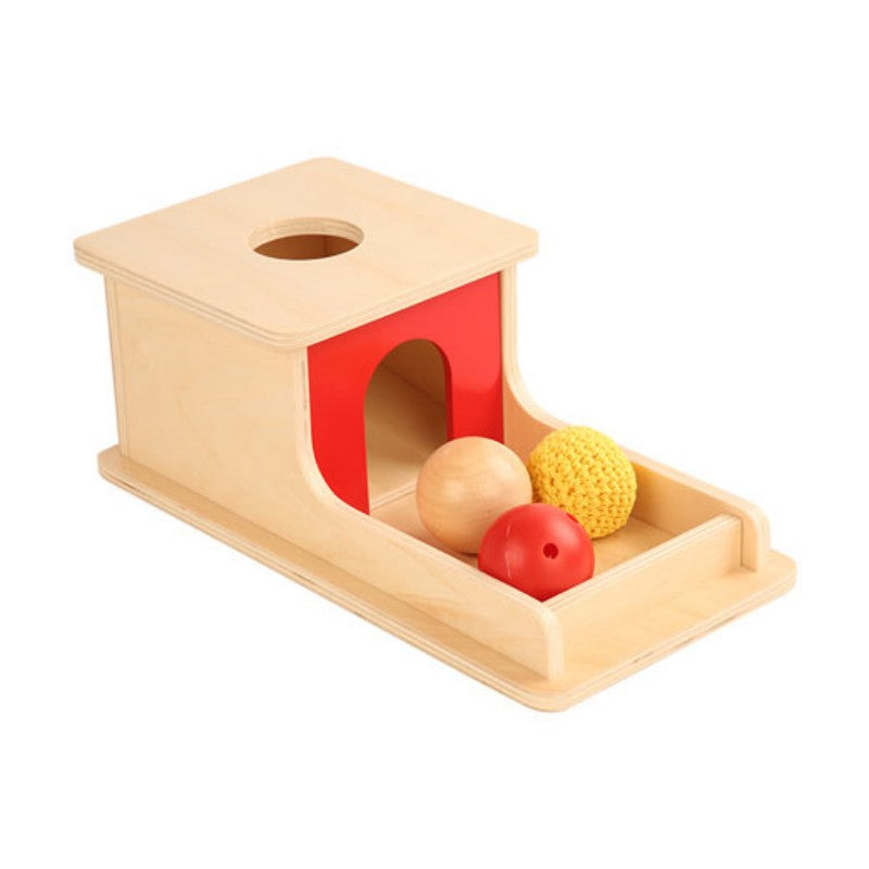 Object Permanence Box with Tray-1 wood ball, 1 plastic red ball, 1 yarn yellow ball