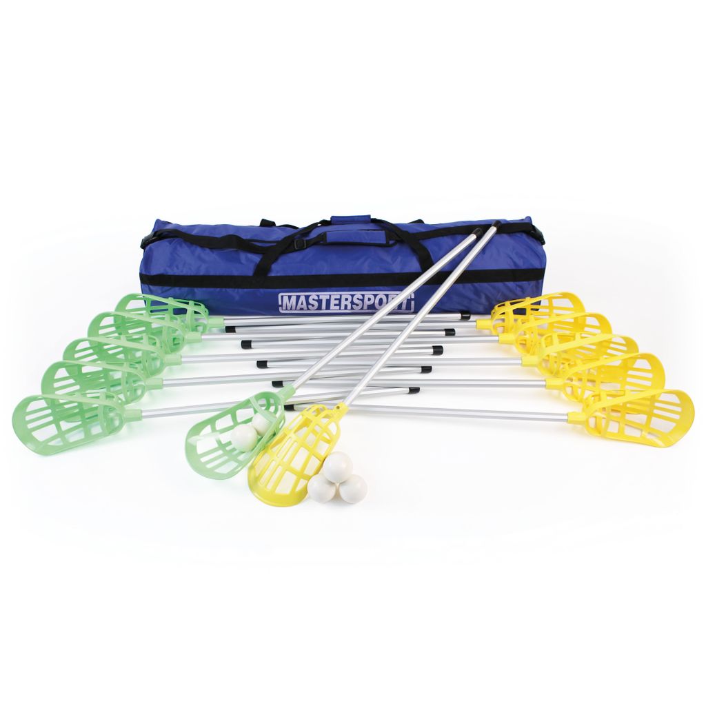 POP LACROSSE SET, GREEN AND YELLOW STICKS, BALLS AND HOLDALL