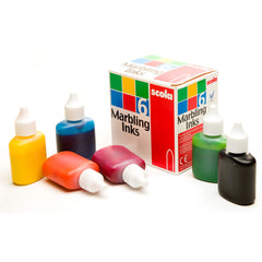Assorted 25ml marbling ink bottles from Tilgear, art and craft paints for creating vibrant marbled designs.