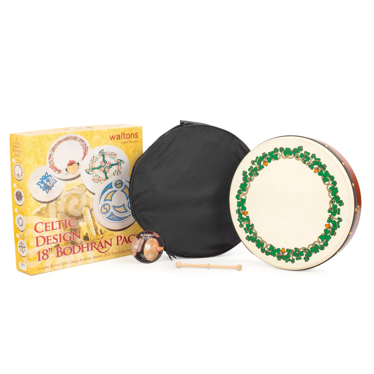 Percussion Plus bodhran 18\" Shamrock design with bag, tipper and DVD