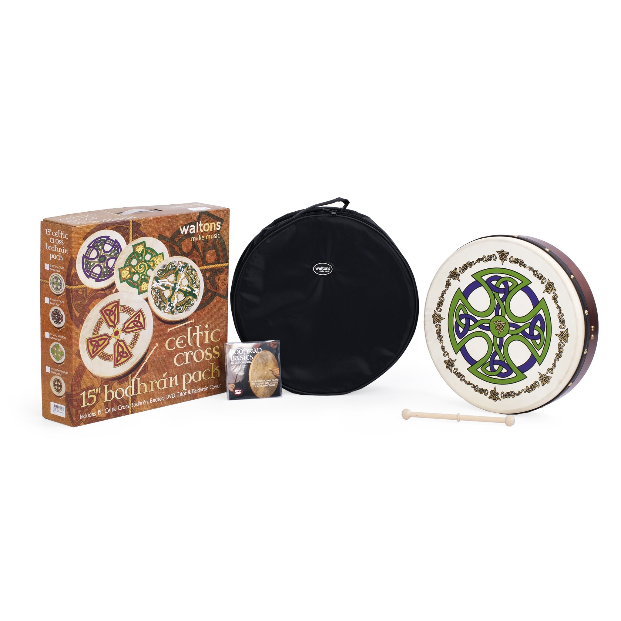 Percussion Plus bodhran 15\" Brosna Cross with bag, tipper and DVD