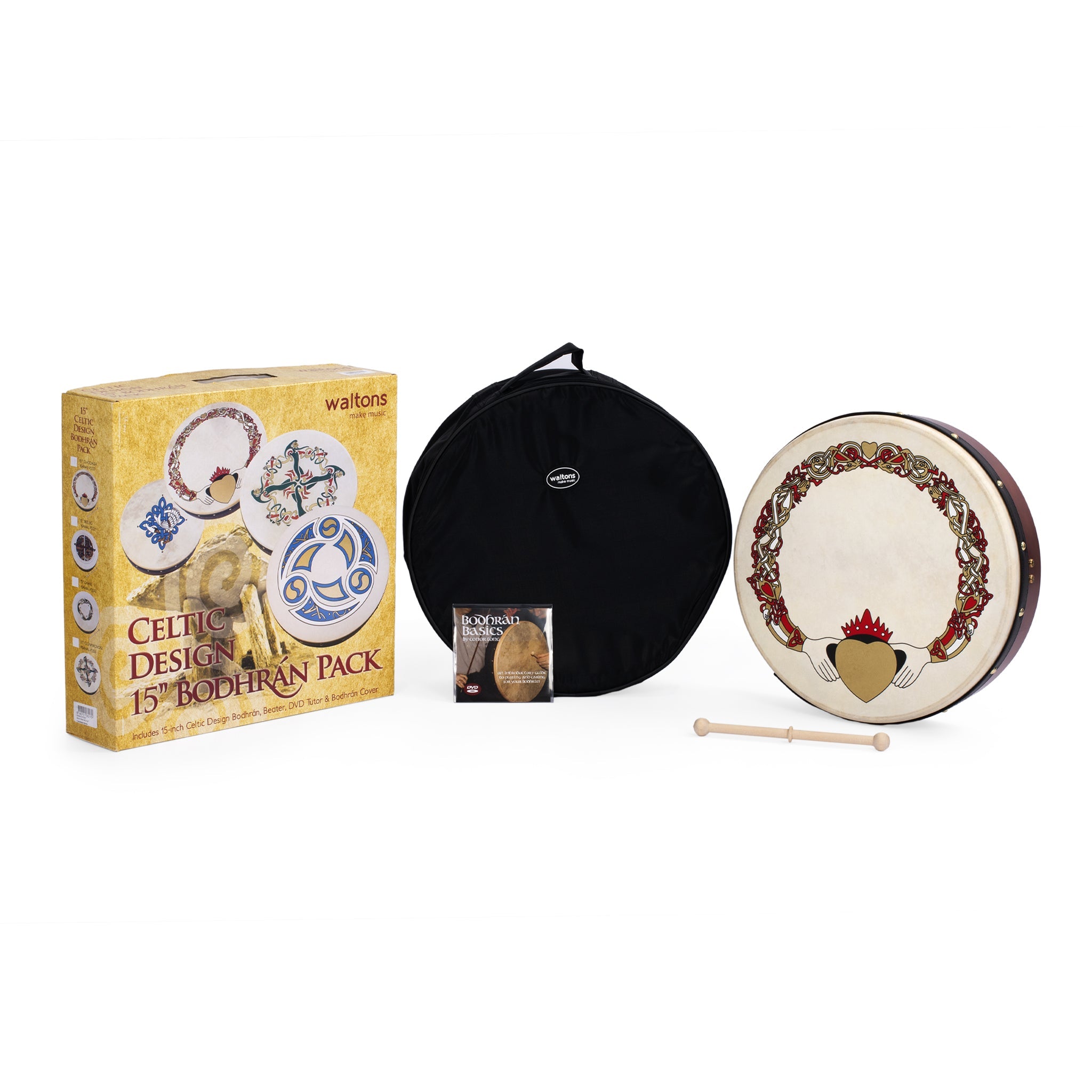 Percussion Plus bodhran 15\" Claddagh with bag, tipper and DVD