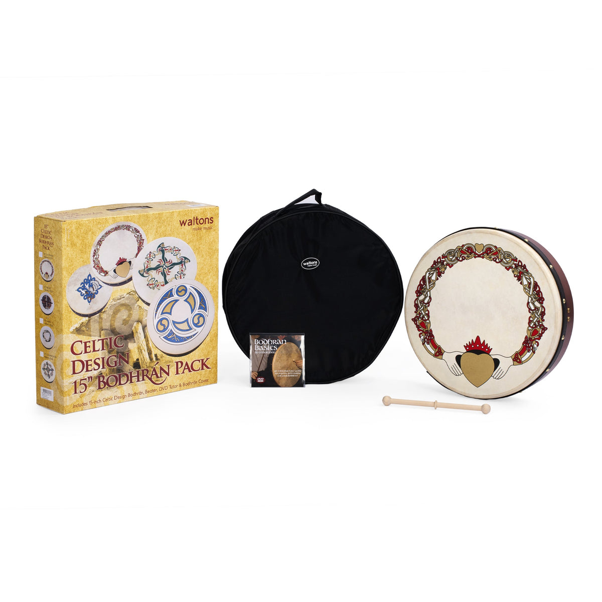 Percussion Plus bodhran 15\" Claddagh with bag, tipper and DVD